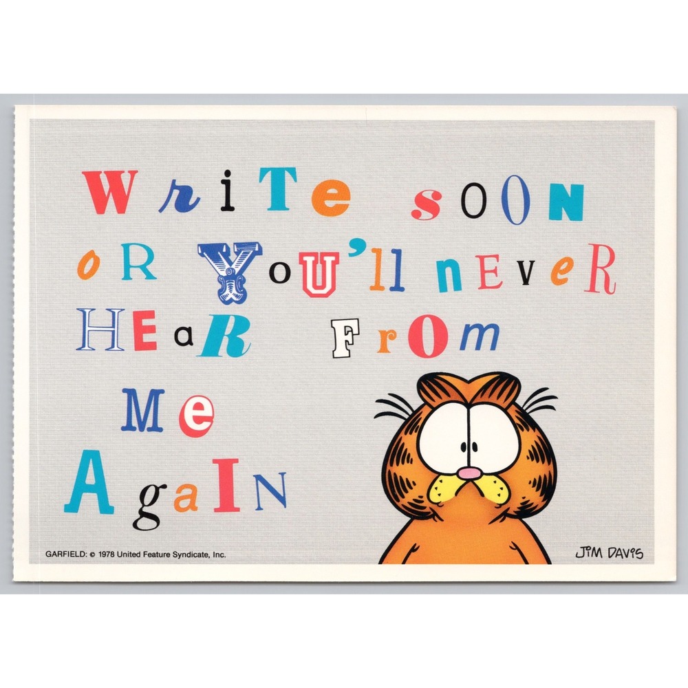 Vintage Garfield Cat Postcard Jim Davis 1978 Write Soon Or Else B1